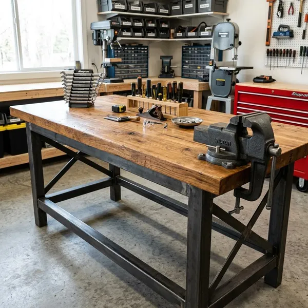 stalen werkbank met houten blad
